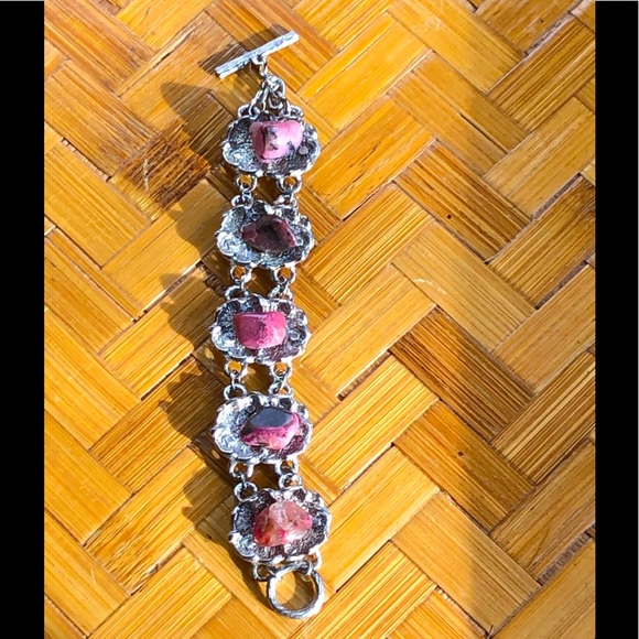 Vintage Jewelry - Genuine rhodonite silver toned bracelet